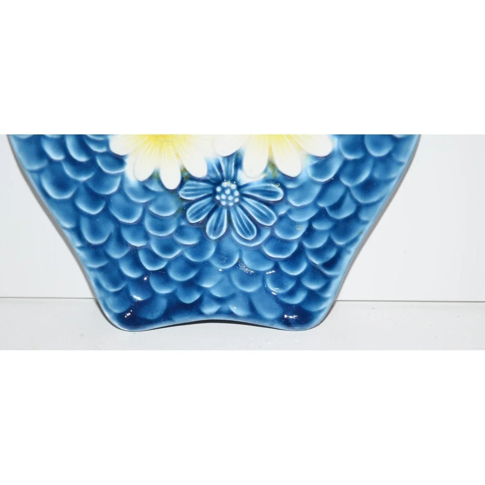 Vtg MCM Ceramic Owl with Retro Flower Spoon Rest Wall Hanging Blue yellow